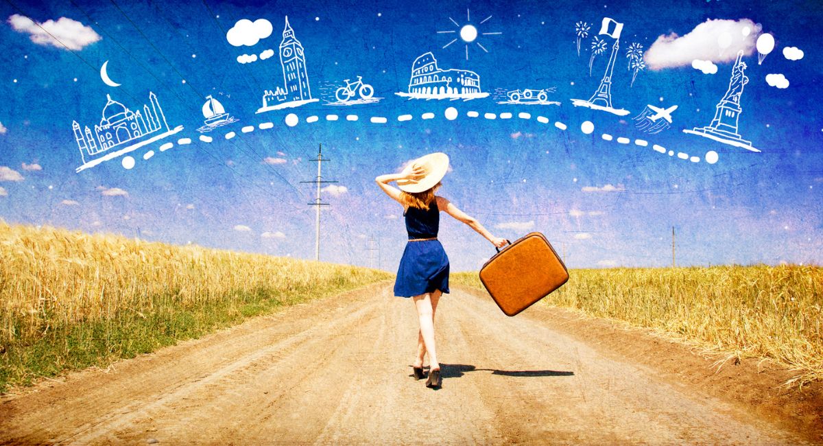 woman walking with suitcase historical places in the sky
