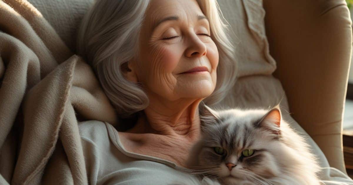 you're getting older woman having a nap with a cat