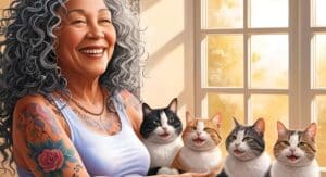 aging myths happy woman sitting with cats