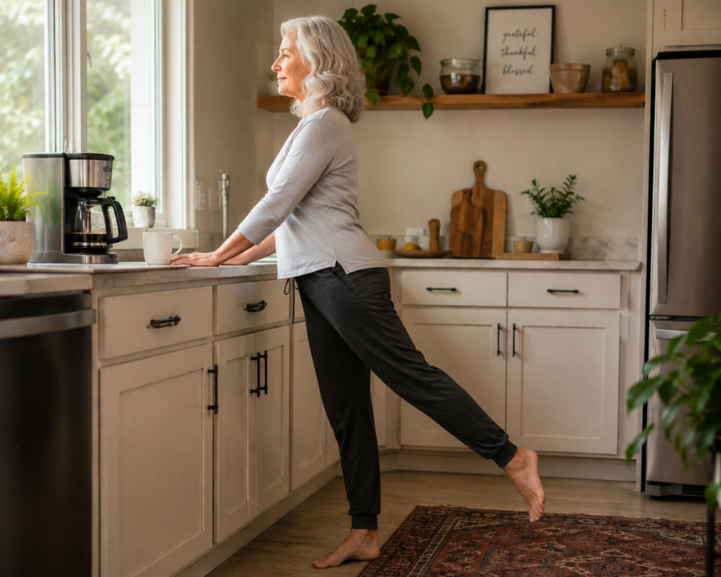 improve balance, woman standing at kitchen counter